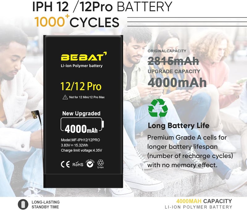 BEBAT Replacement for iPhone 12/12 PRO Battery, 4000mAh High Capacity Li-ion Polymer Replacement Battery for Model A2172 A2402 A2403 A2404 with Professional Repair Tool Kits - Image 5